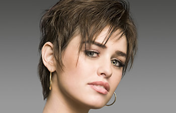 Girl in a short dark-haired wig