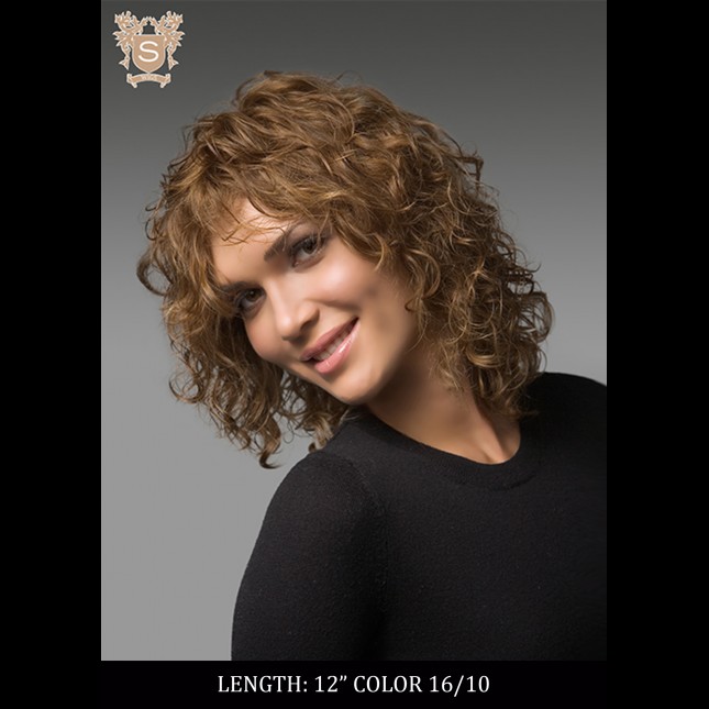 A woman wearing a curly hair wig from a Cascade collection wig length 12 inches color 16/10