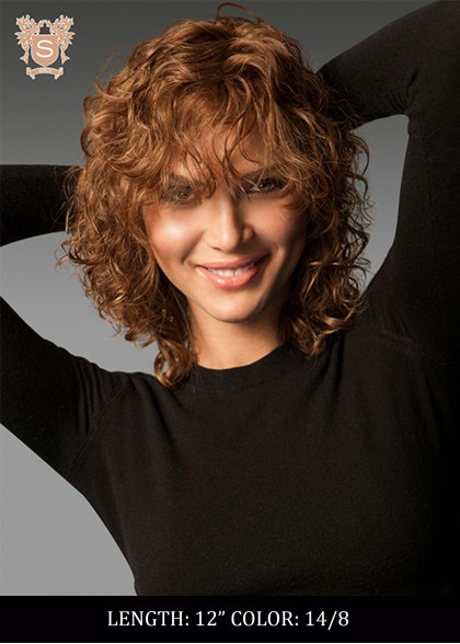 A woman wearing a curly hair wig from a Cascade collection wig length 12 inches color 14/8