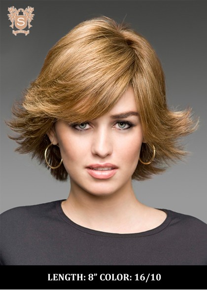 A woman wearing a blond wig from a Fiesta collection wig length 8 inches color 16/10