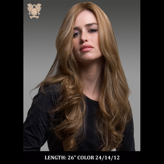 A woman wearing a blond wig from a VIP collection wig length 26 inches color 24/14/12