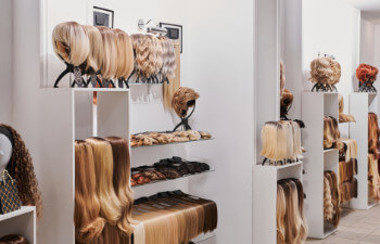 Shelves and display racks in a store holding various blonde and light brown wigs and hairpieces, arranged neatly by style and color.