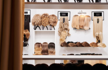 A display of various wigs and hairpieces in different styles and colors arranged on shelves and wall mounts in a store.
