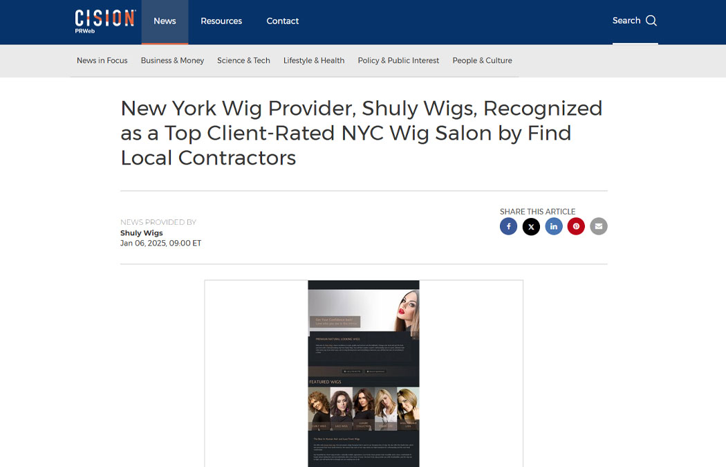 Screenshot of the article titled: New York Wig Provider, Shuly Wigs, Recognized as a Top Client-Rated NYC Wig Salon by Find Local Contractors
