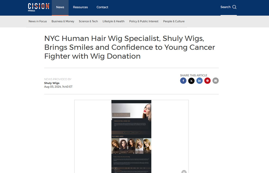 Screenshot of the article titled: NYC Human Hair Wig Specialist, Shuly Wigs, Brings Smiles and Confidence to Young Cancer Fighter with Wig Donation