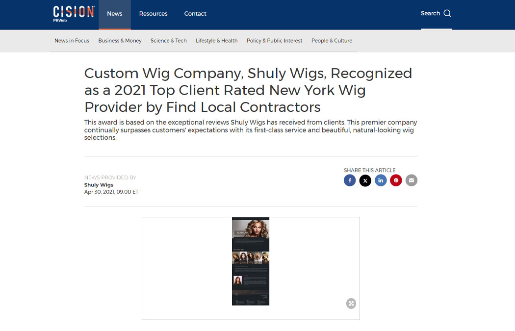 Screenshot of the article titled: Custom Wig Company, Shuly Wigs, Recognized as a 2021 Top Client Rated New York Wig Provider by Find Local Contractors