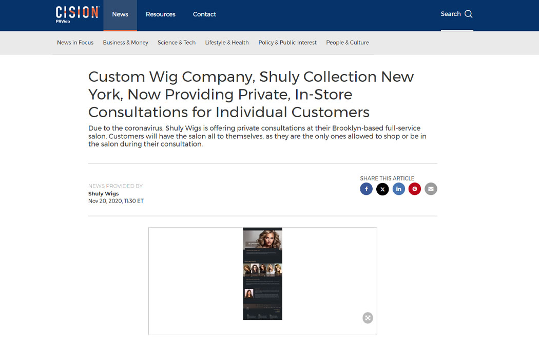 Screenshot of the article titled: Custom Wig Company, Shuly Collection New York, Now Providing Private, In-Store Consultations for Individual Customers