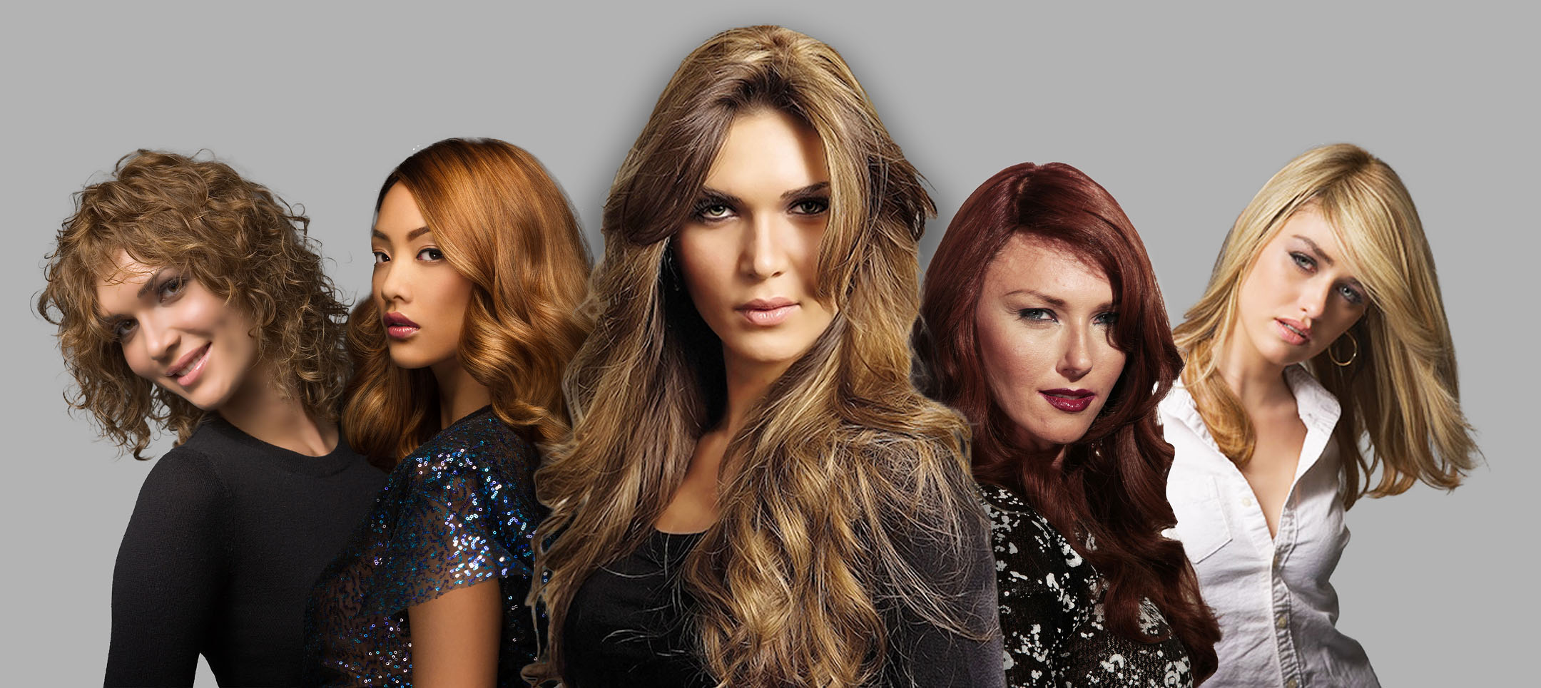 Five women with various hairstyles and hair colors pose together against a plain gray background, looking towards the camera with neutral expressions.
