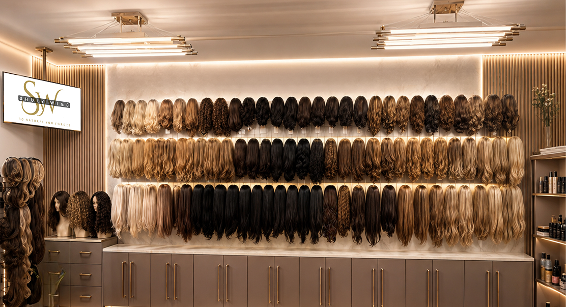 A wall display featuring numerous wigs in various shades of brown and blonde, arranged neatly on hooks above a row of cabinets.